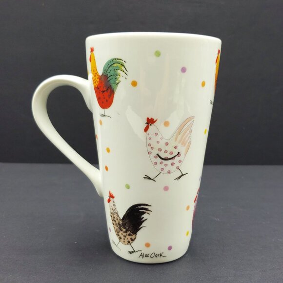 Alex Clark for Churchill Rooster Latte Mug Queen's Tall White Mug Chickens Dots - Picture 2 of 7